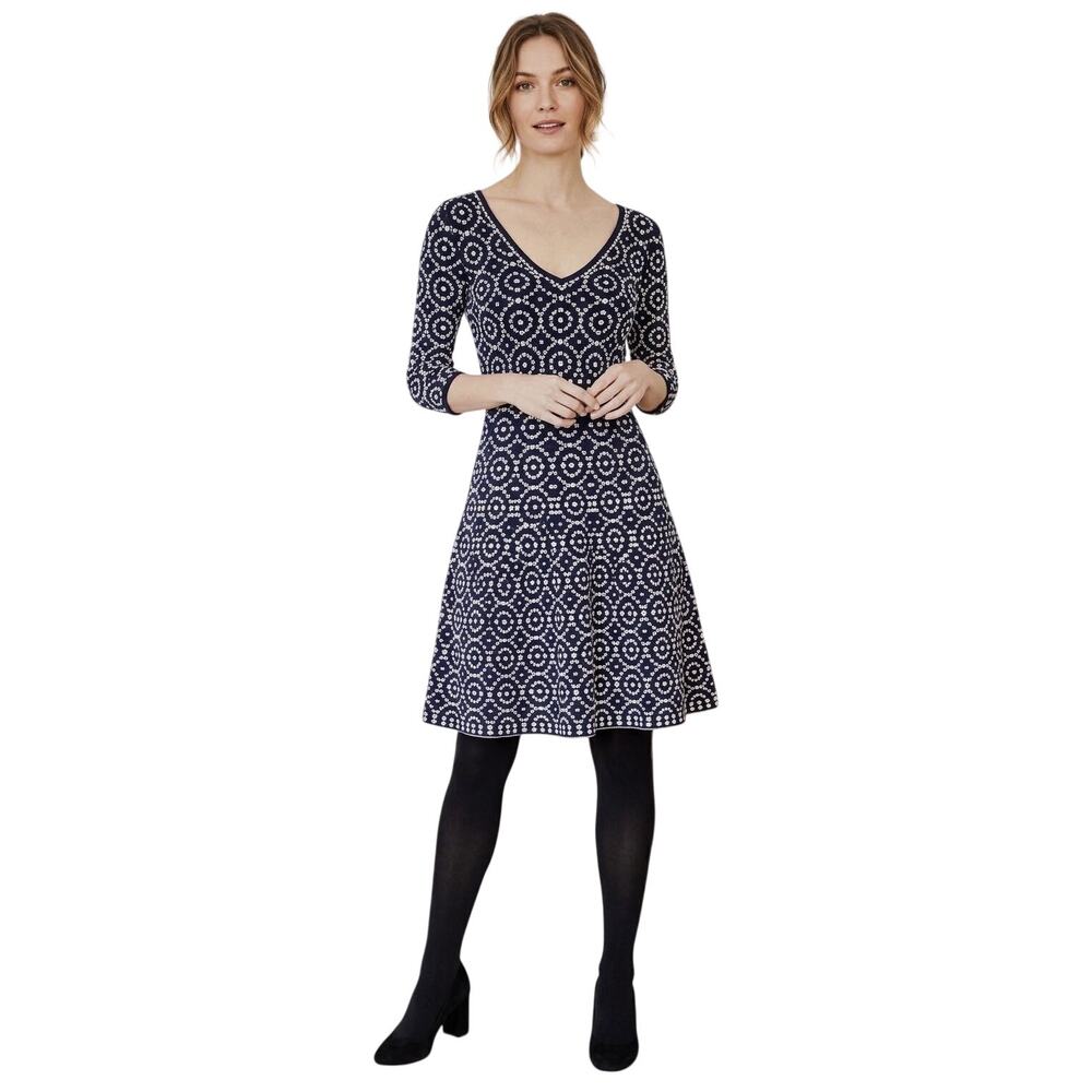 Boden Women's Navy Blue White Annabel Fit & Flare Textured Dress Size 6 R